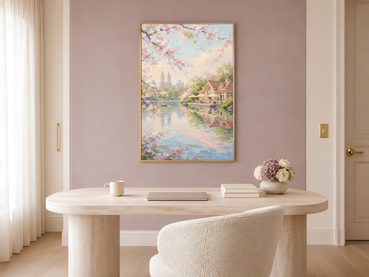 Central Park Cherry Blossom Wall Art, Boathouse Oil Painting Print - Digital Download
