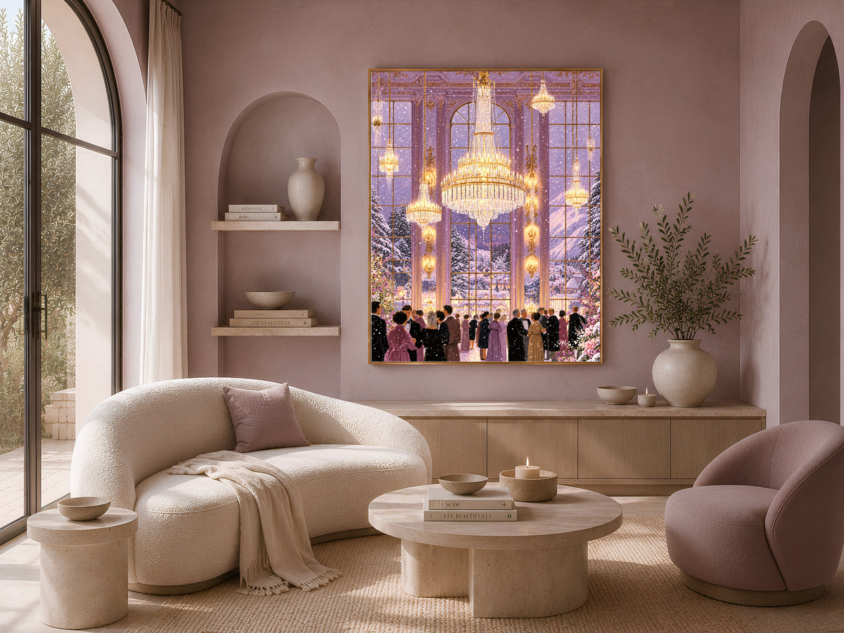 Winter Ballroom Wall Art, Lavender Chandelier Painting, Snowy Holiday Ball Print, Elegant Purple Decor, Printable Digital Download