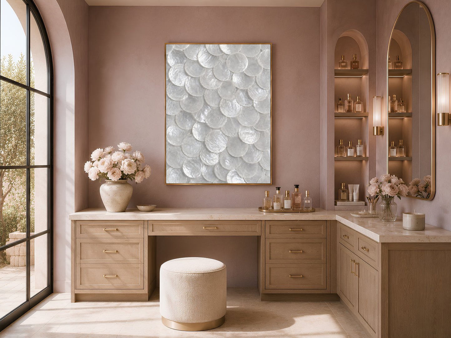White capiz shell wall art in a gold frame hung above a vanity in a warm-toned dressing room.