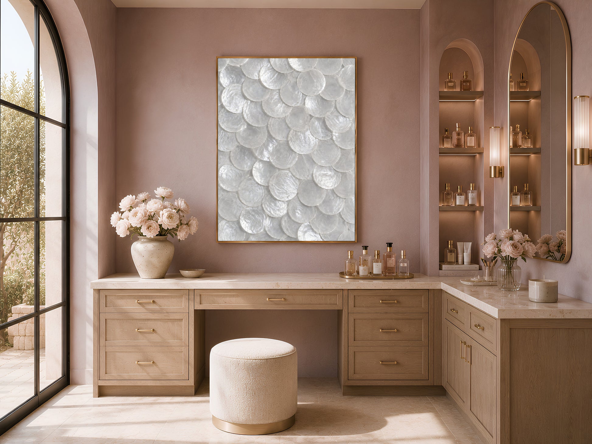 White capiz shell wall art in a gold frame hung above a vanity in a warm-toned dressing room.