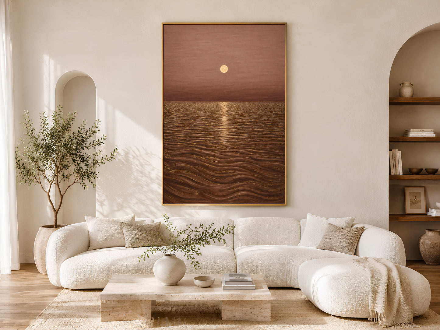 Moonlit ocean print above white sofa in sunlit boho living room
