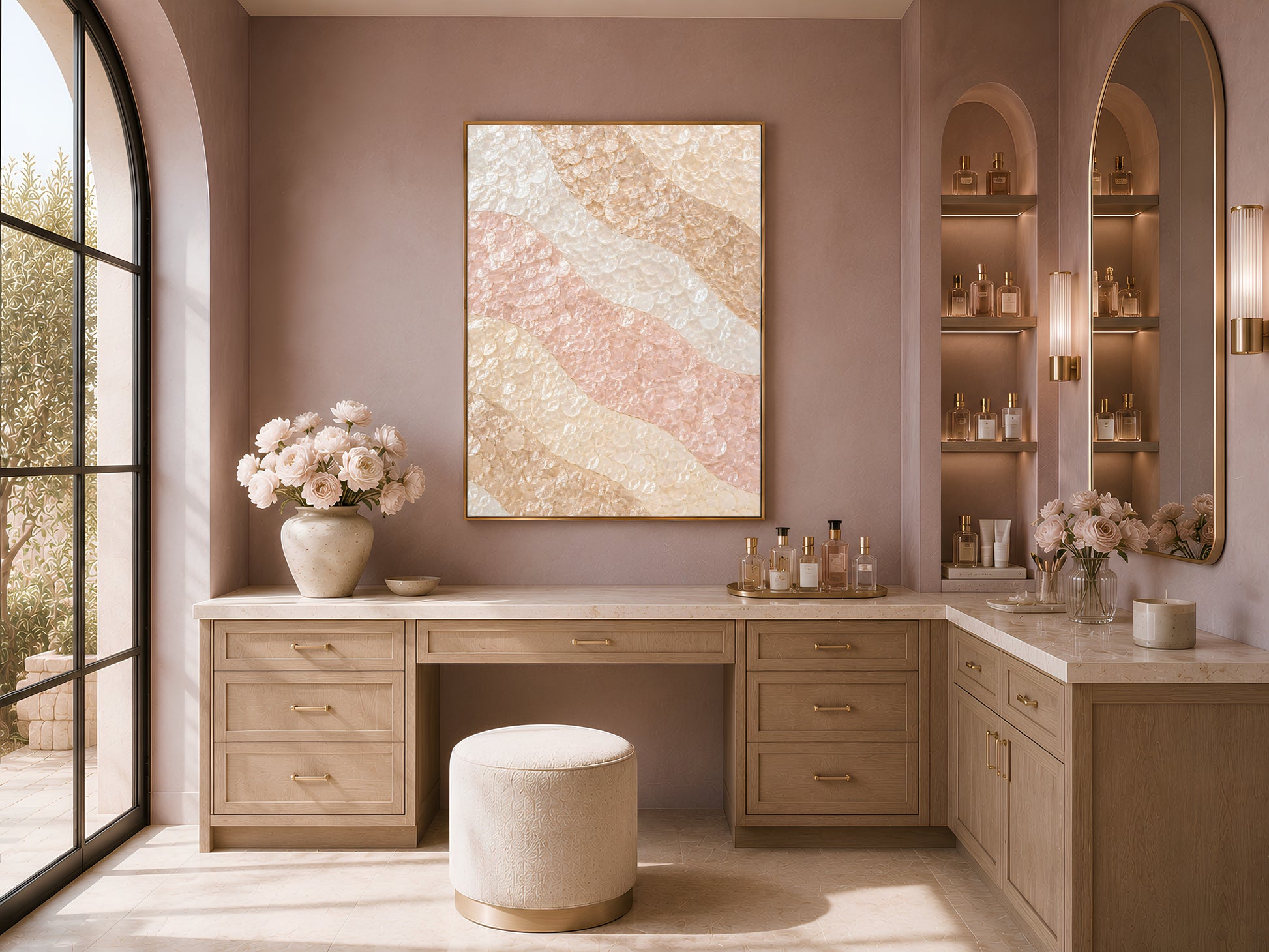 Ombre wave mosaic print in a gold frame above a desk nook in an arched bedroom with built-in shelving
