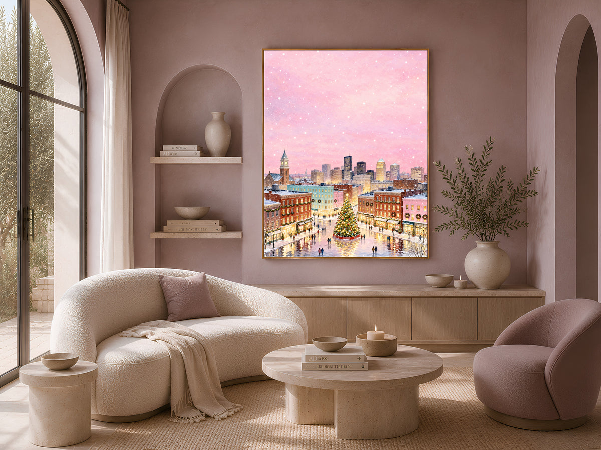 Pink Christmas Town Painting, Snowy City Christmas Tree Print, Pastel Winter Skyline Wall Art, Holiday Decor, Printable Digital Download