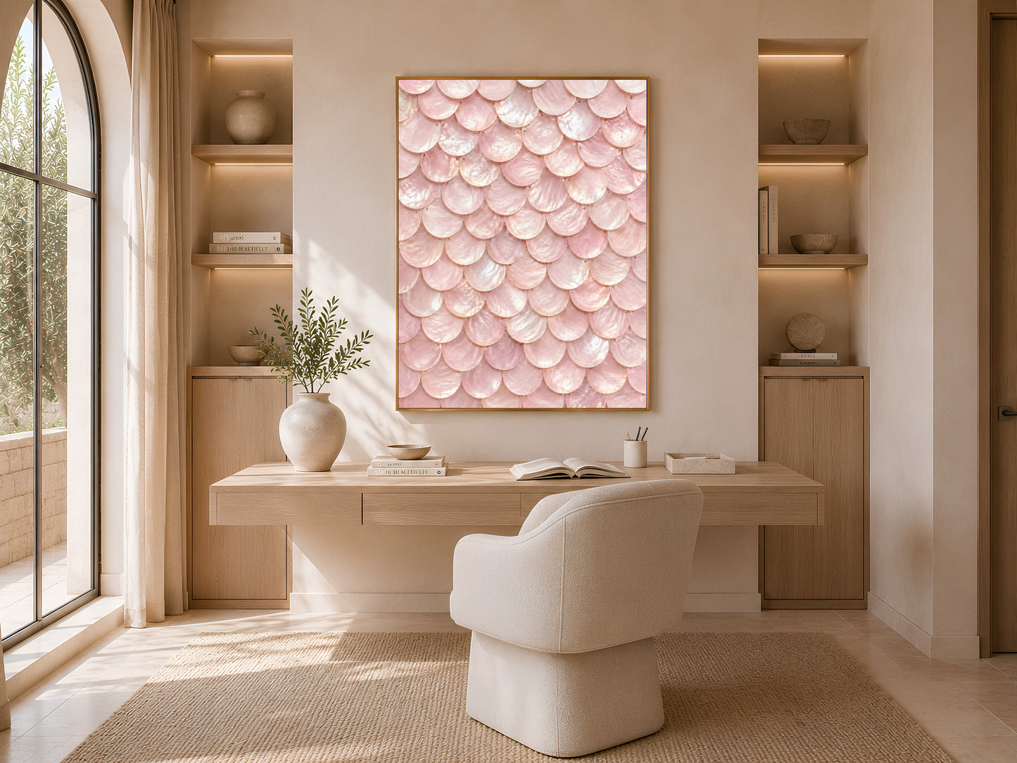 Blush pink coquette wall art framed above a desk in a sunlit home office nook