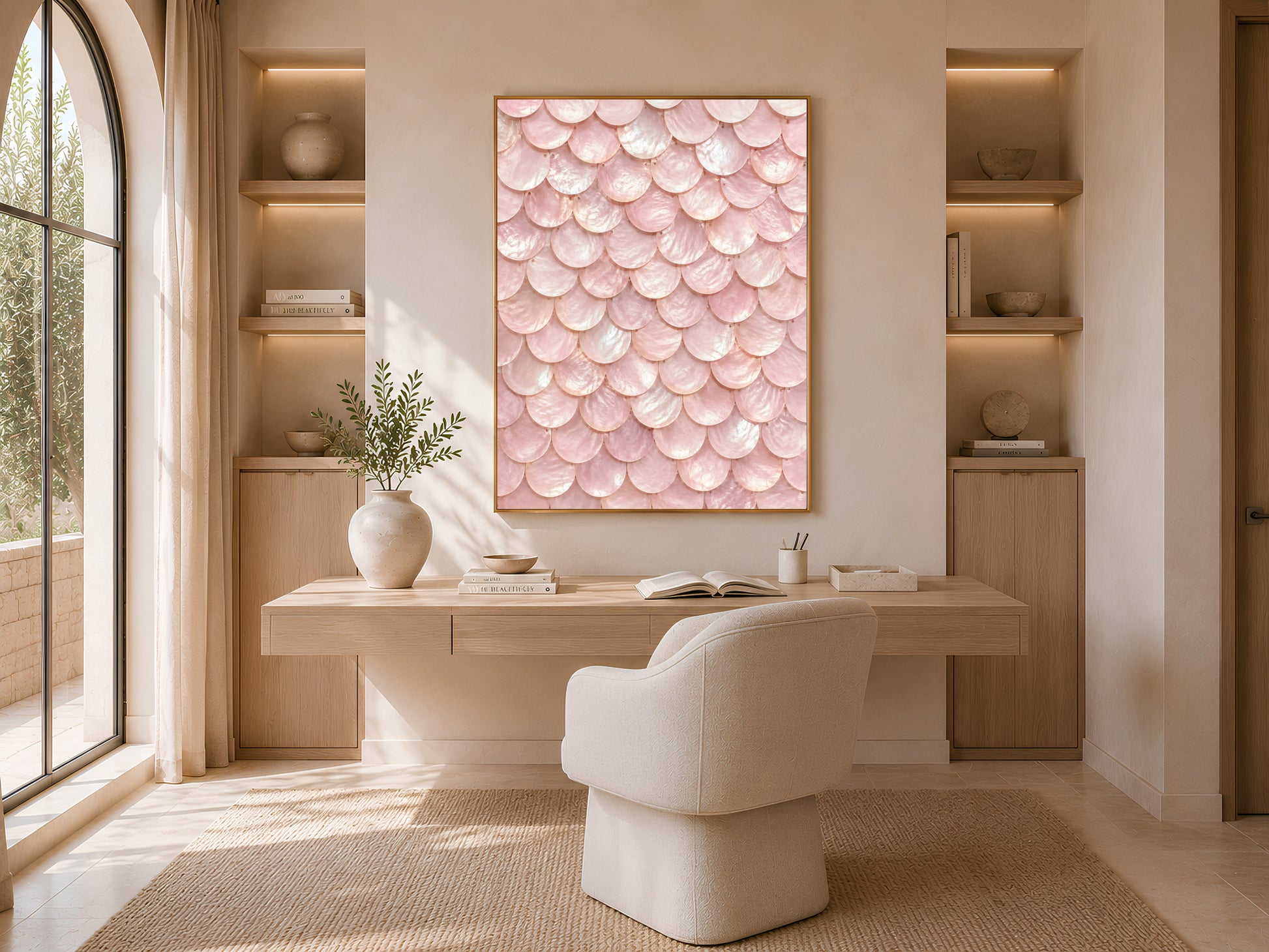 Blush pink coquette wall art framed above a desk in a sunlit home office nook