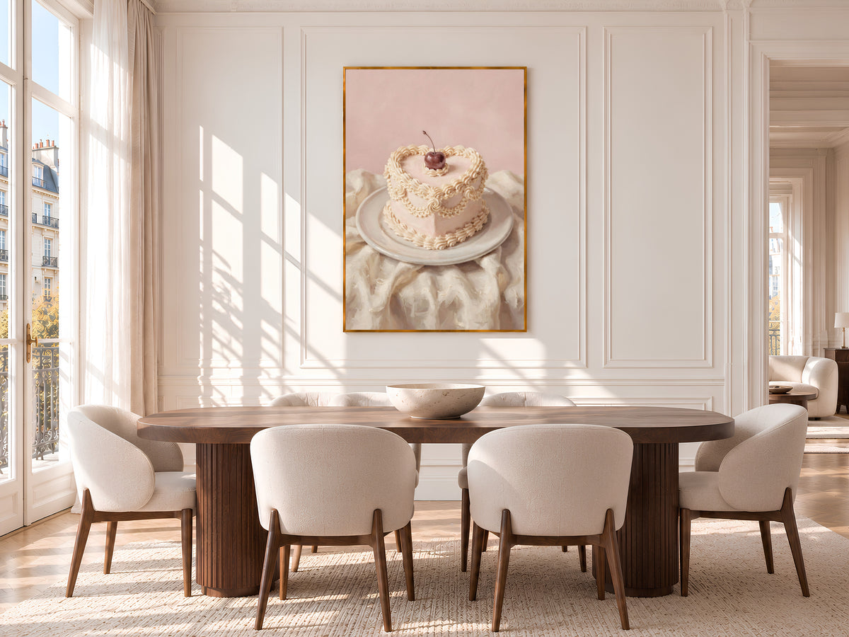 Vintage Heart Cake Painting Print, Pink Cherry Cake Still Life, Coquette Kitchen Art, Digital Download