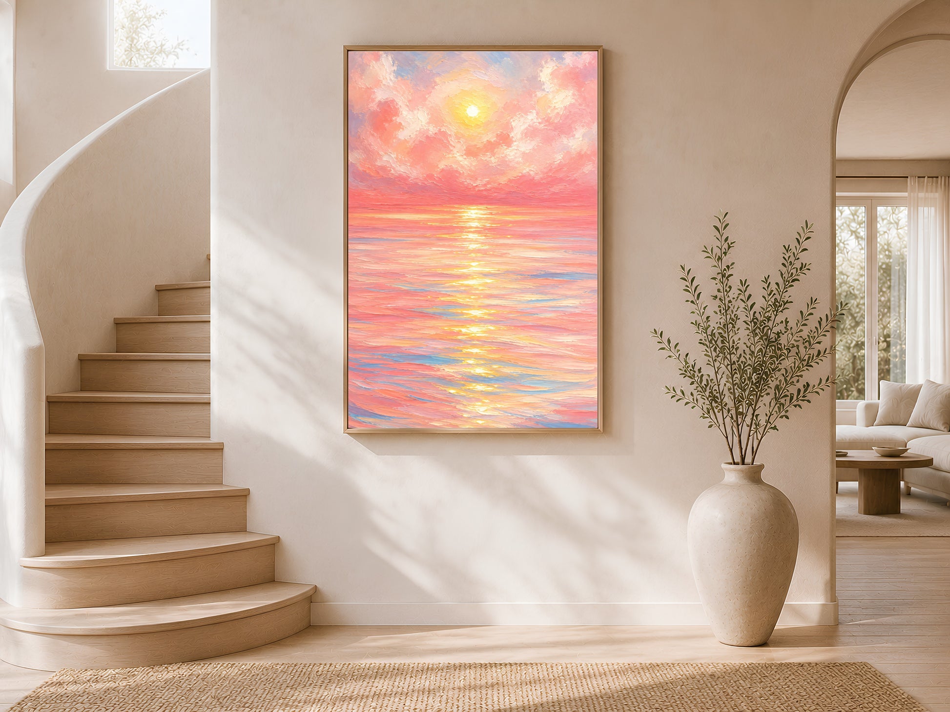 Framed impasto pink sunset ocean print on warm white wall in modern curved staircase entryway with tall ceramic vase

