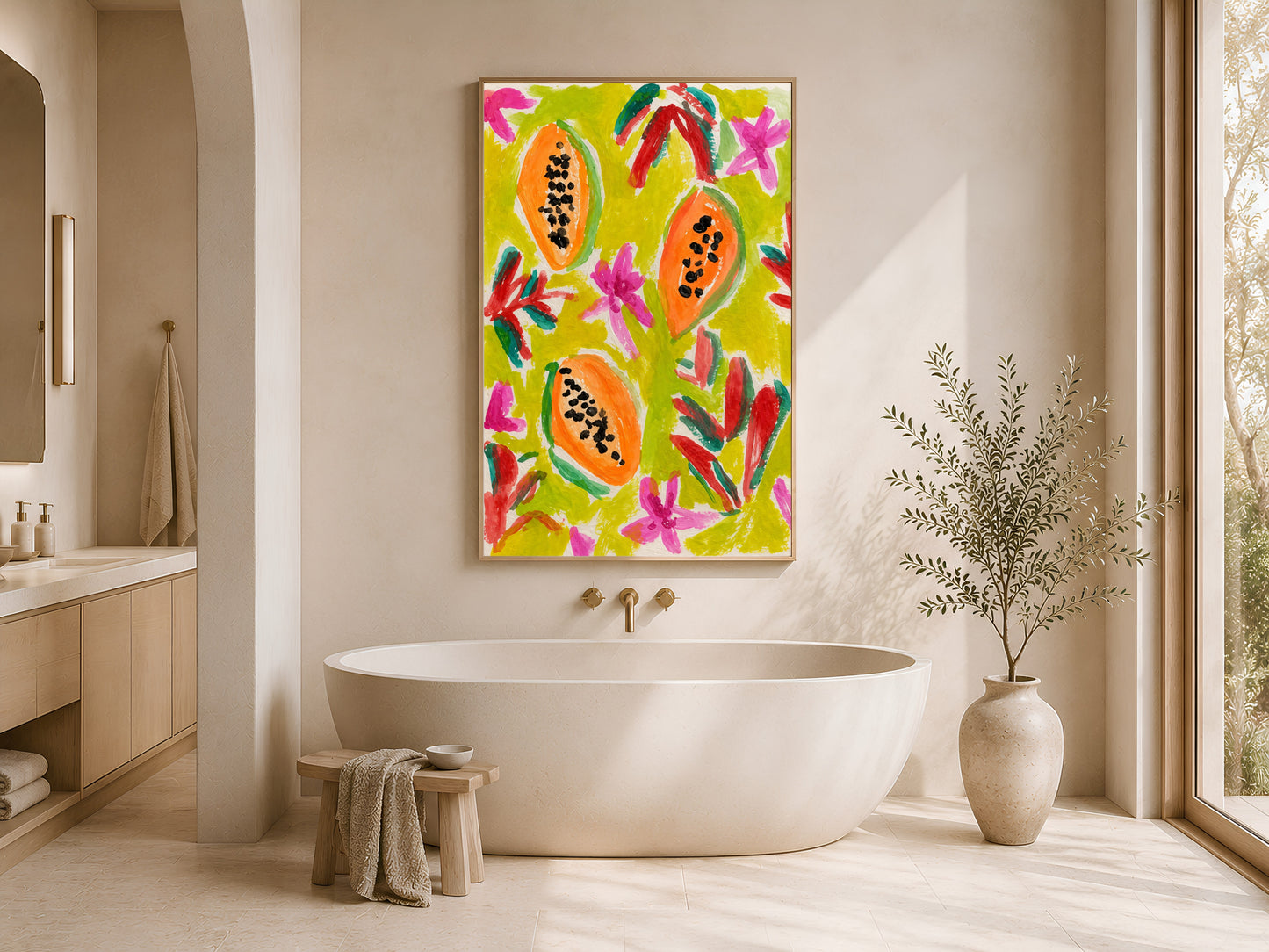 Colorful papaya wall art in a gold frame displayed in a bright white bathroom with a freestanding tub, neutral vases, and large window with natural light
