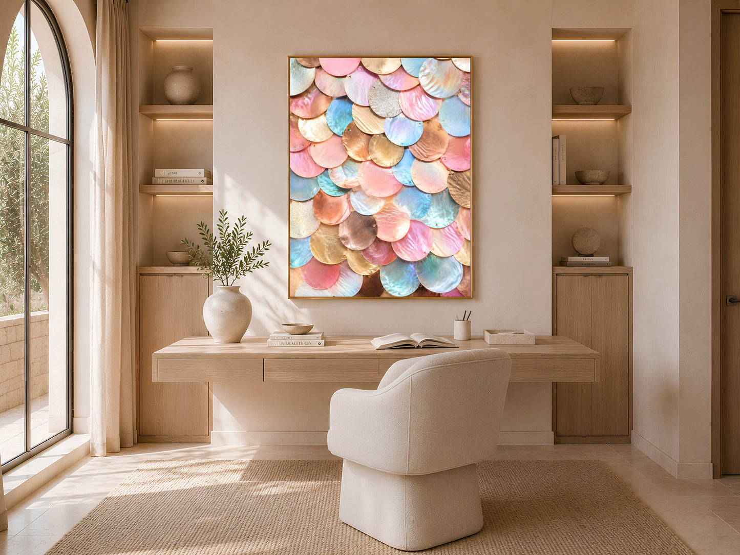Rose gold glam wall art framed above a desk in a sunlit home office nook