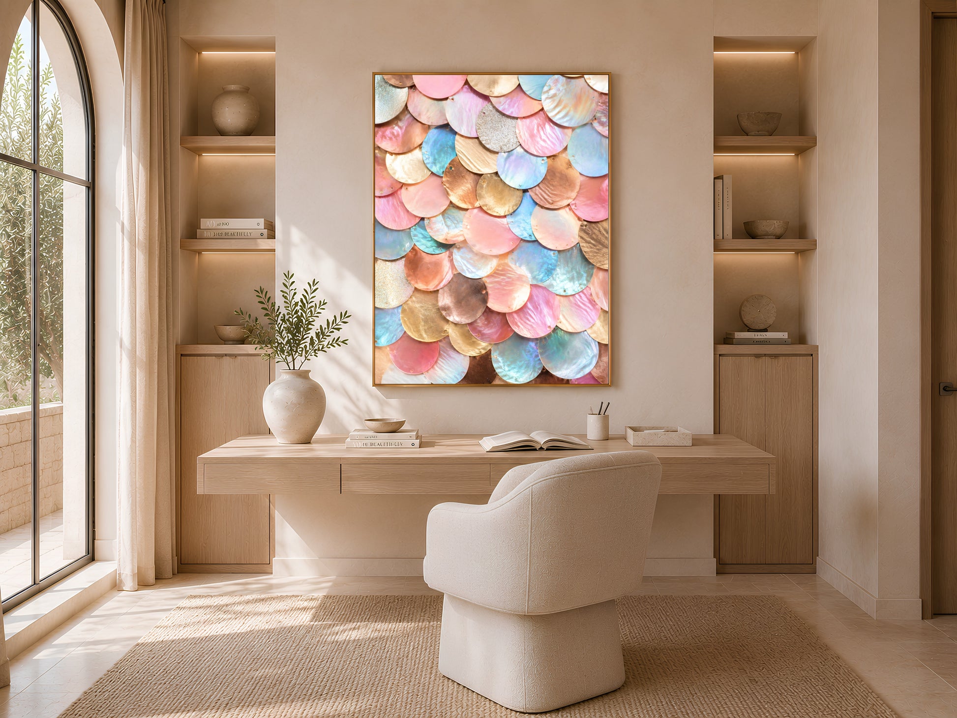 Rose gold glam wall art framed above a desk in a sunlit home office nook
