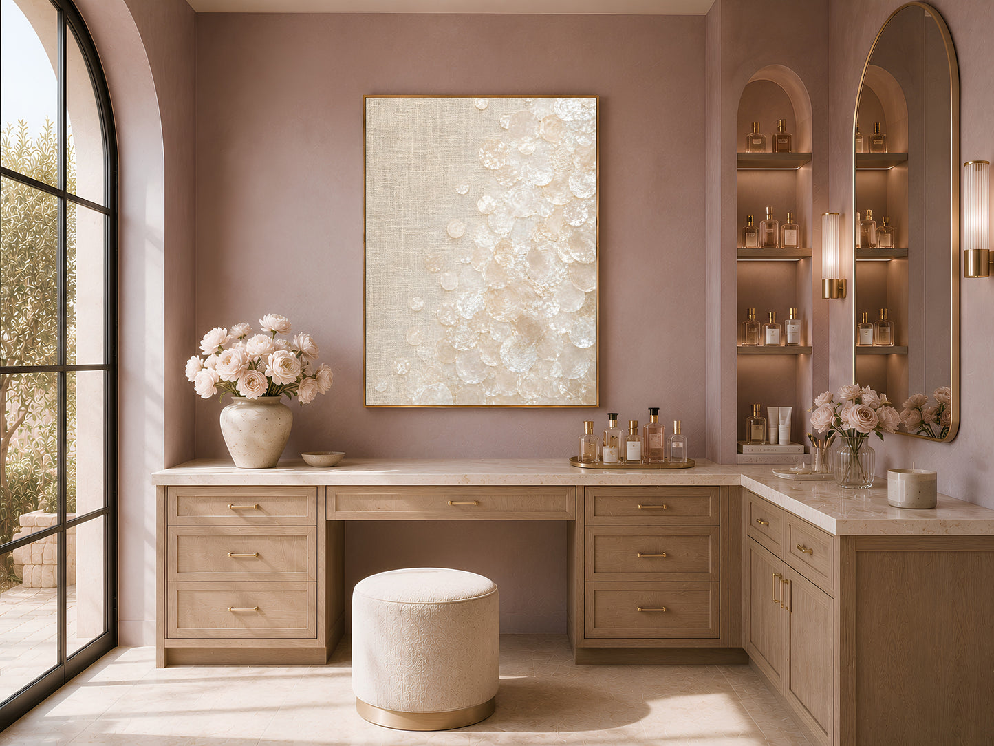 Capiz shell wall art print in a gold frame above a desk nook in a mauve bedroom with built-in shelving
