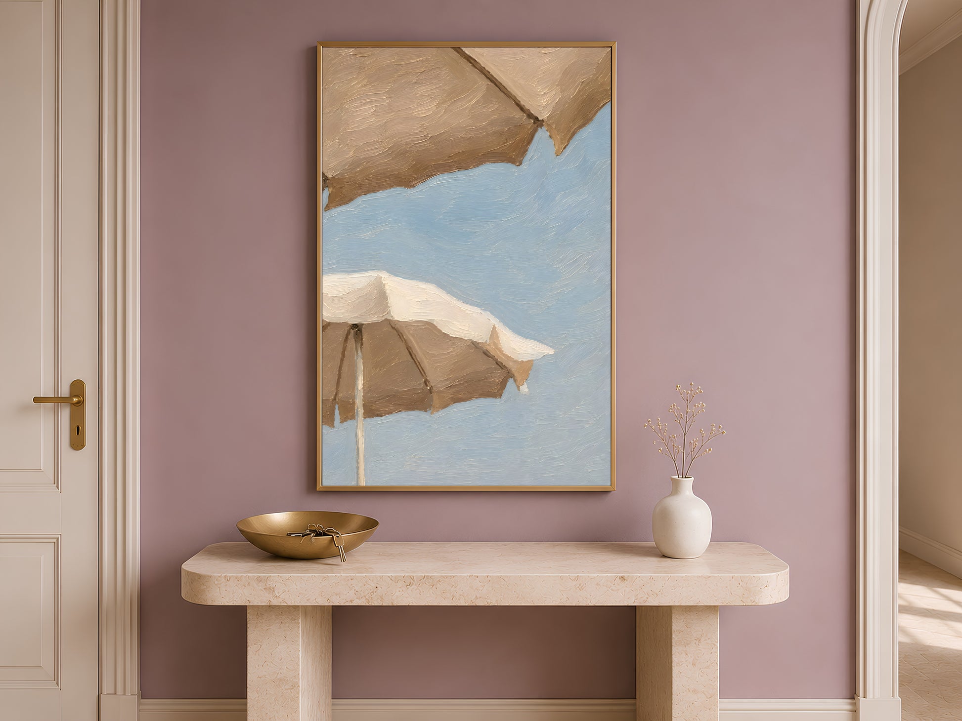 Framed beach umbrella impasto print styled on a minimalist entryway console table with a dusty mauve accent wall and neutral ceramic decor
