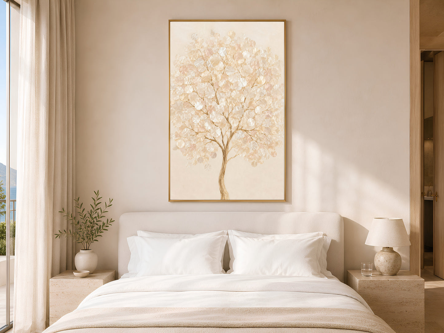 Capiz shell tree print framed above a white bed in a neutral mauve bedroom