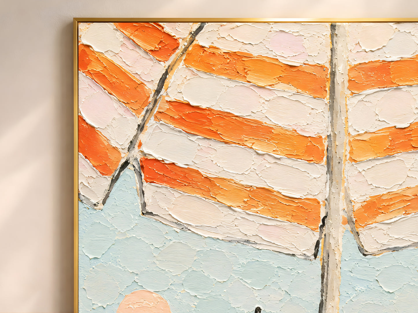 Close-up of impasto texture on orange and white striped beach umbrella painting showing thick palette knife strokes in coral, cream, and teal
