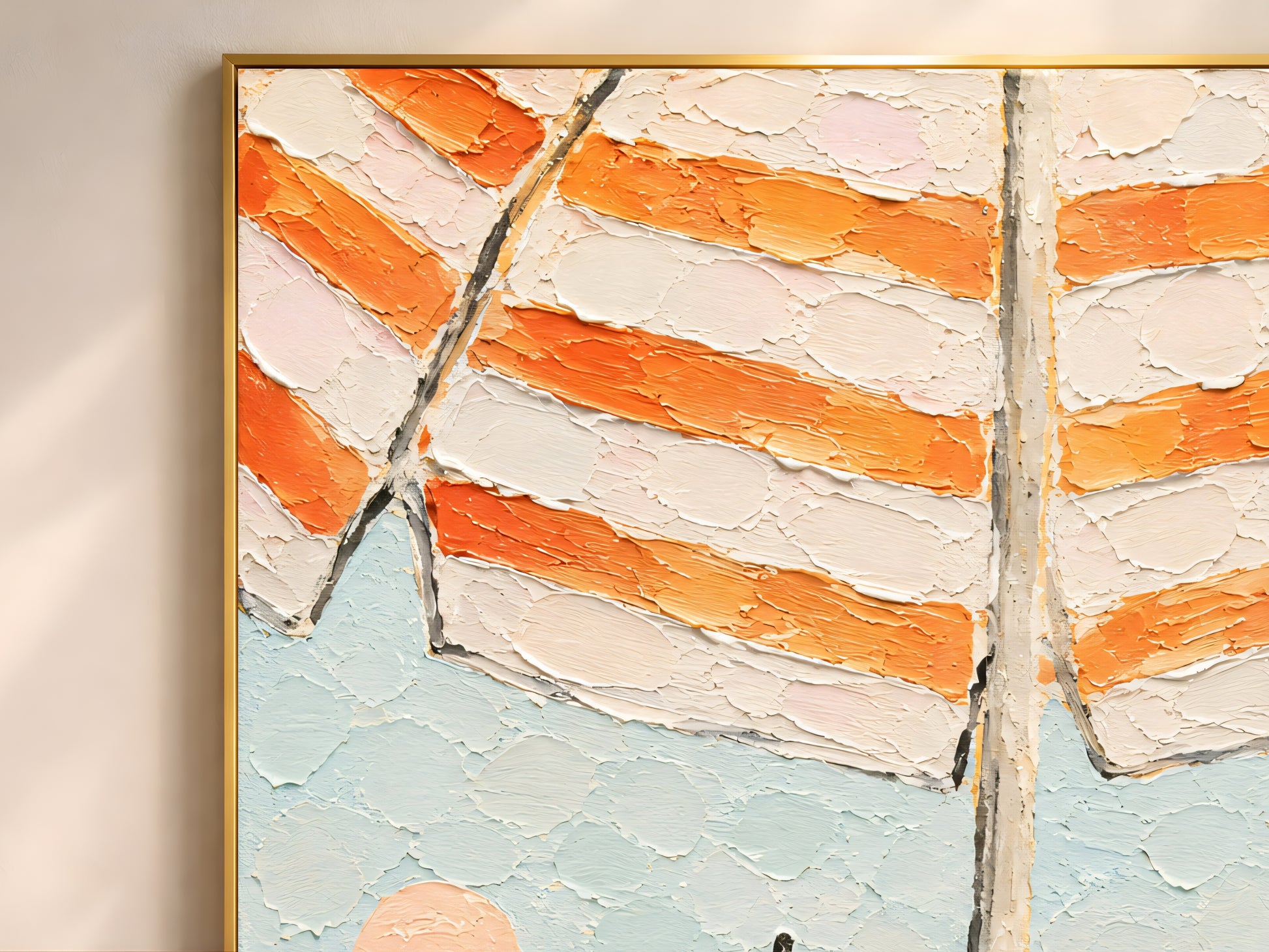 Close-up of impasto texture on orange and white striped beach umbrella painting showing thick palette knife strokes in coral, cream, and teal
