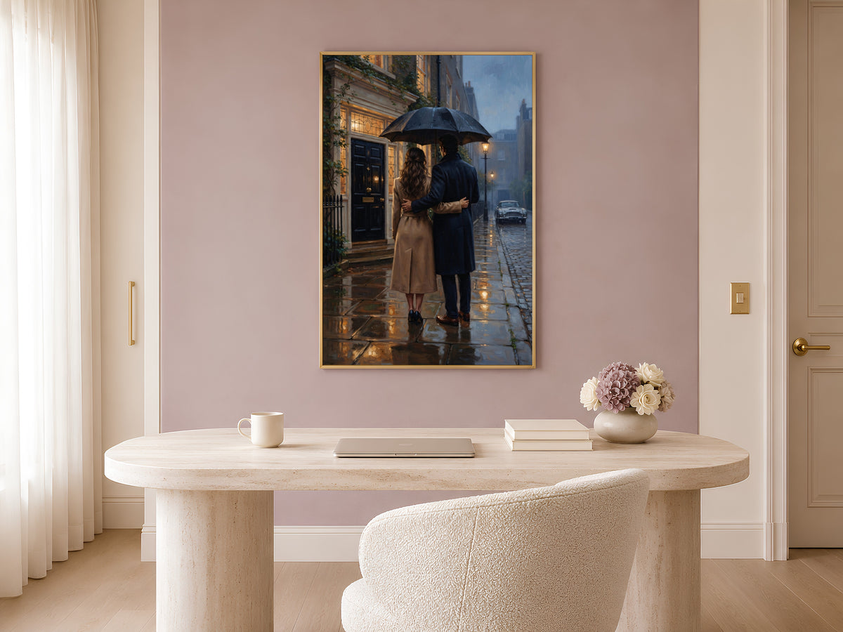 Romantic Couple Wall Art, Rainy London Street Oil Painting Print - Digital Download