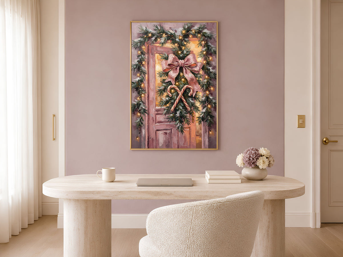 Pink Christmas Door Print, Velvet Bow Wall Art - Digital Download