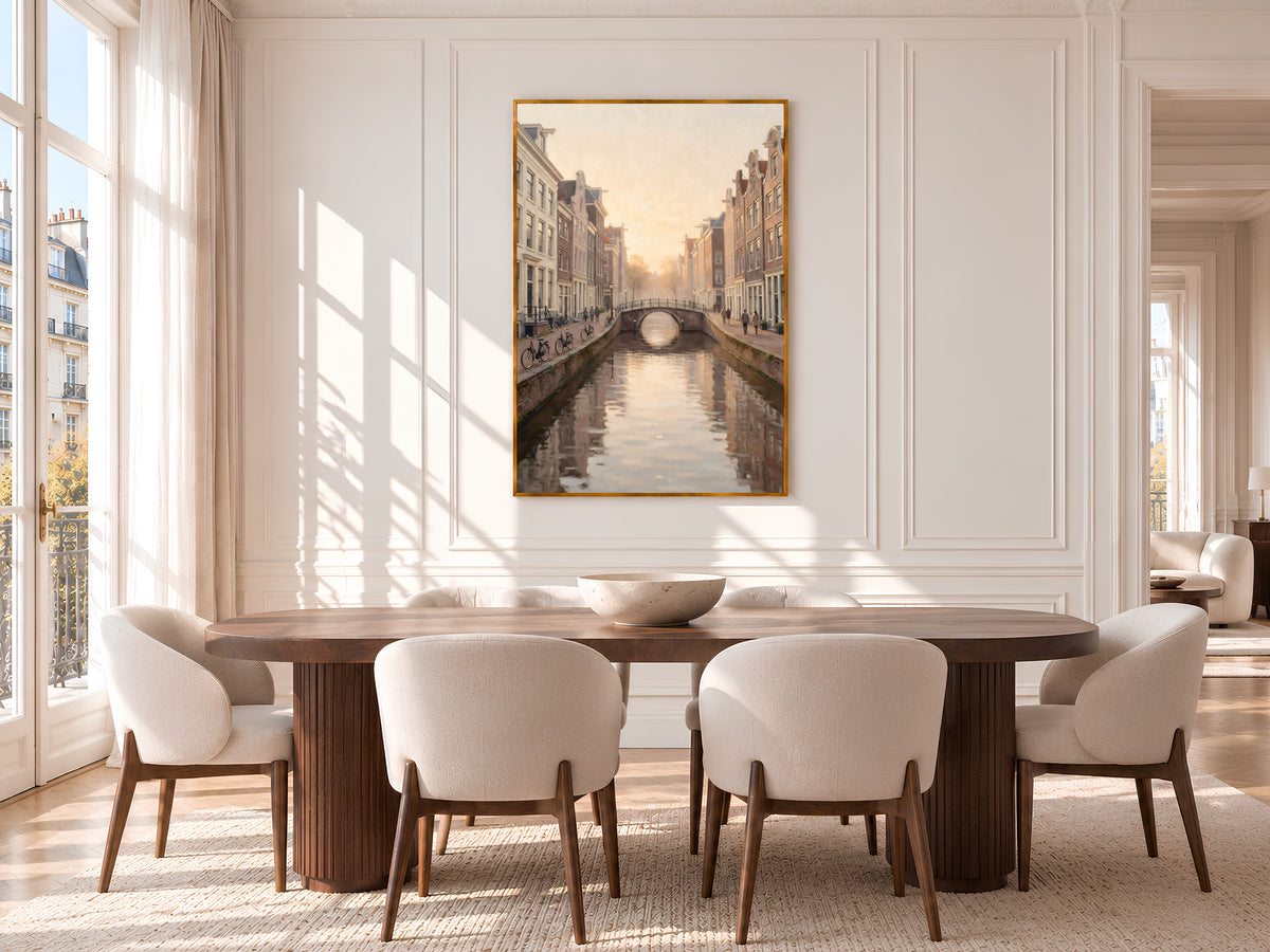 Dutch Canal Painting Print, Soft Golden Hour City Art, Neutral European Canal Wall Art, Printable Digital Download