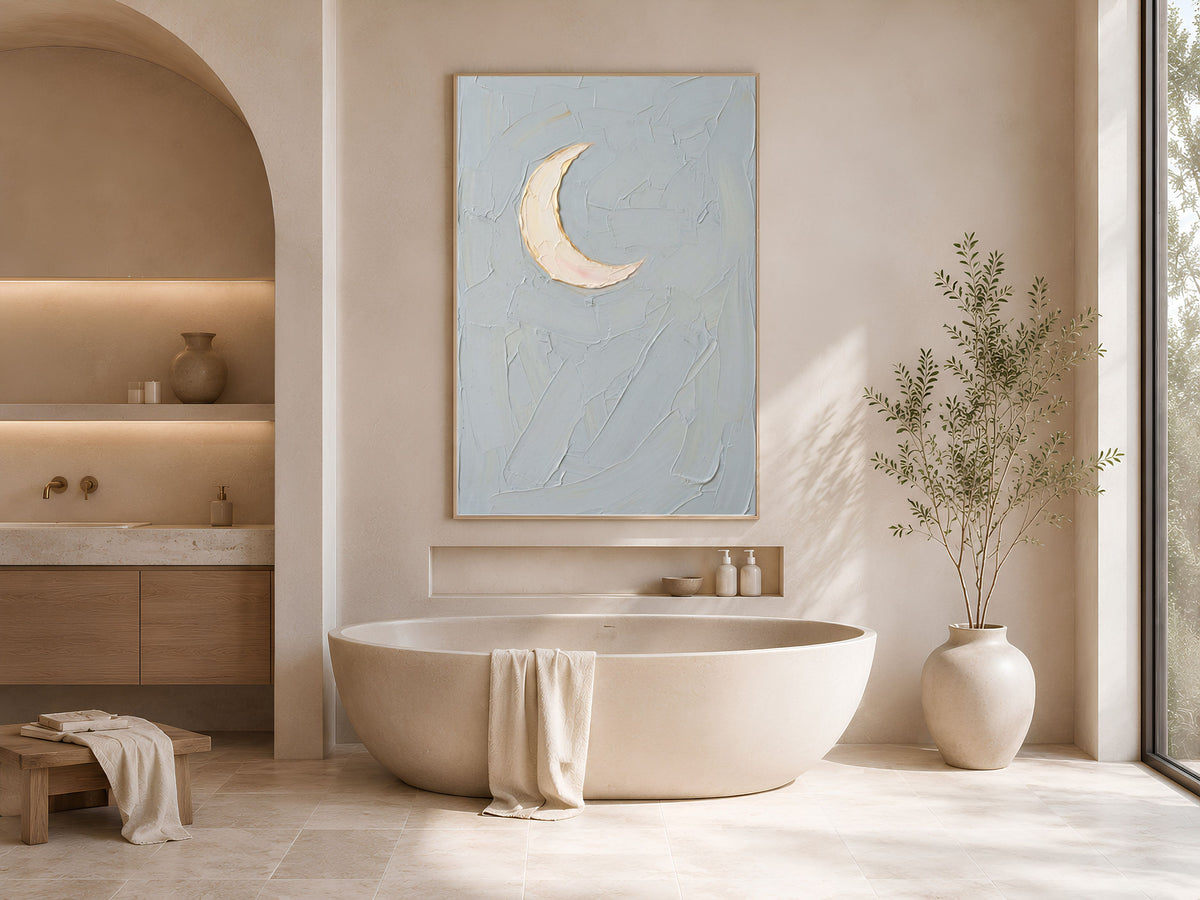 Minimalist Moon Wall Art, Impasto Oil Painting Print - Digital Download