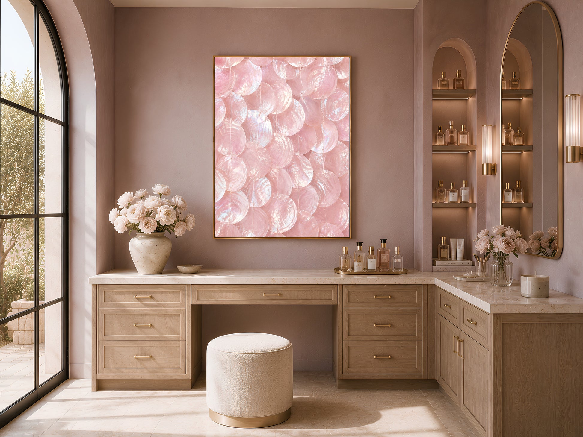 Pink capiz shell wall art print in a gold frame above a wood vanity nook with a pouf and mauve accent wall.
