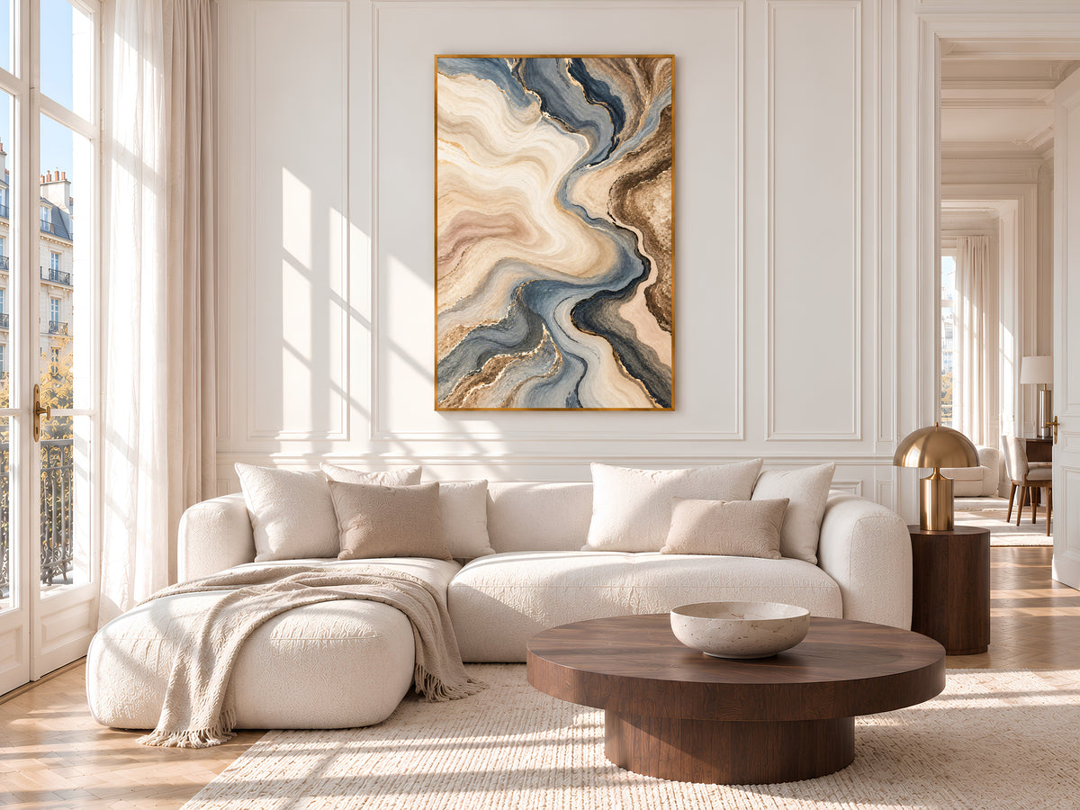 Blue Gray and Beige Abstract Wall Art, Slate Blue and Brown Marble Swirl Print with Gold Veins, Printable Neutral Decor, Digital Download