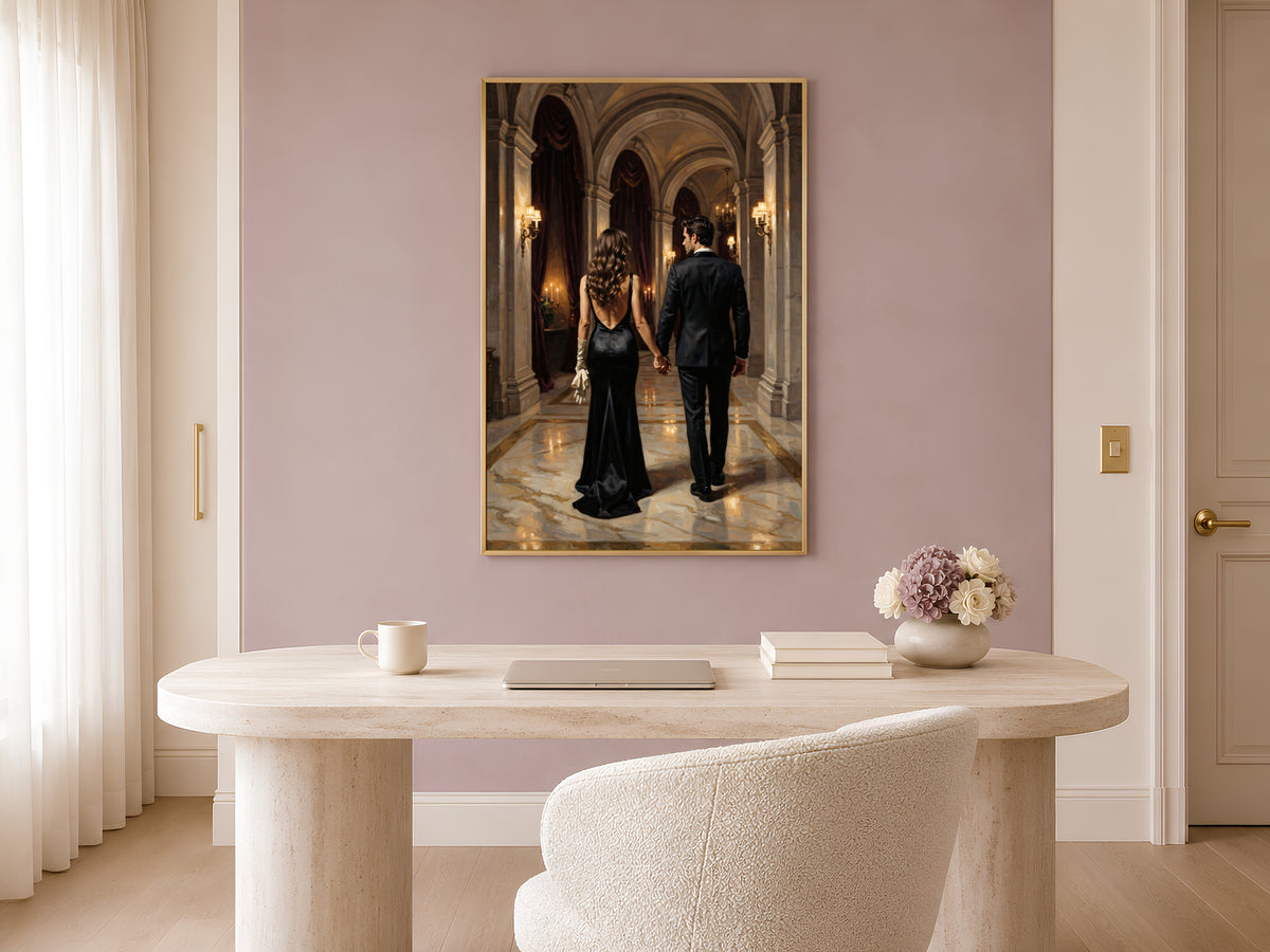 Dark Academia Couple Wall Art, Elegant Gala Hallway Oil Painting Print - Digital Download