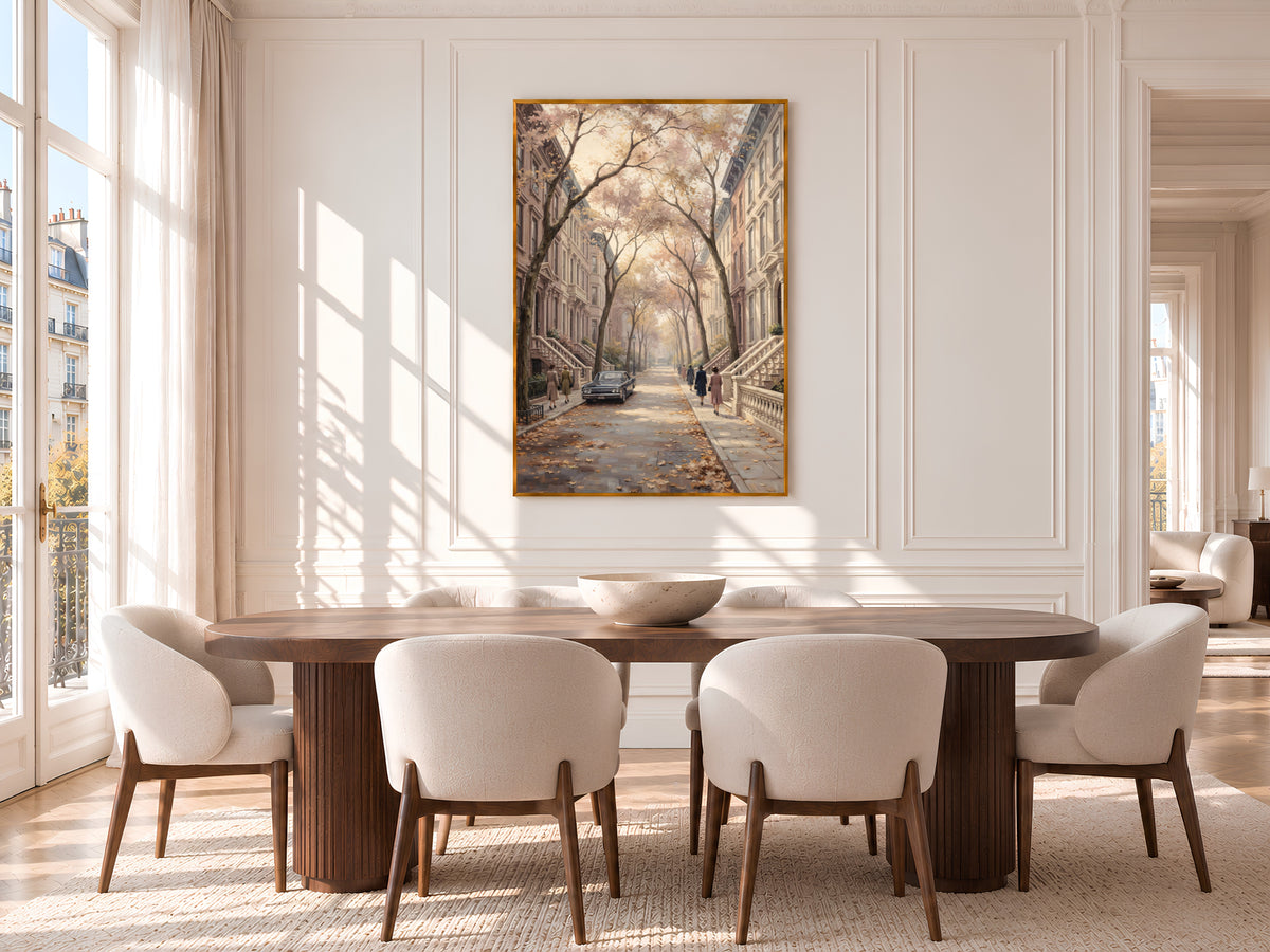 Autumn Brownstone Street Painting Print, Vintage Fall City Art, Pastel Tree Lined Street Wall Art, Digital Download
