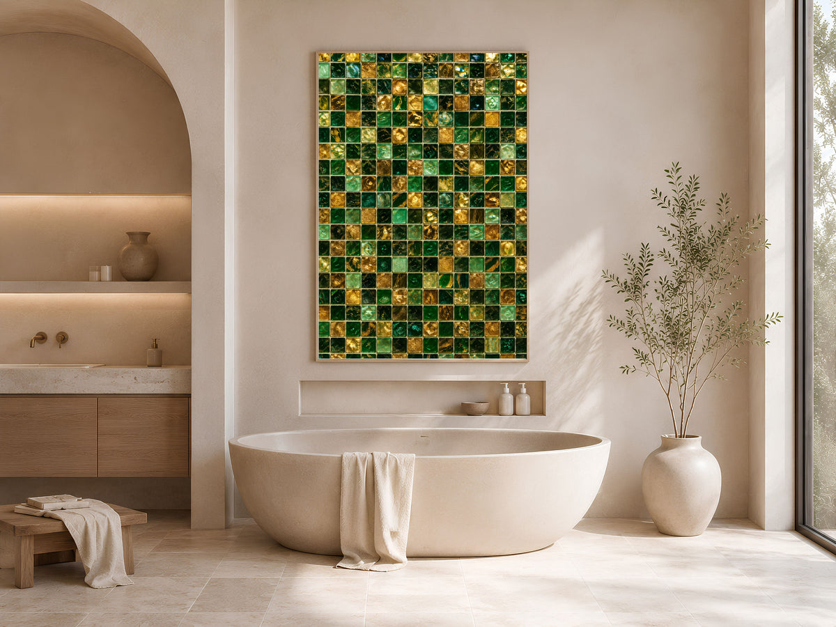Emerald Mosaic Wall Art, Gold Glass Tile Print - Digital Download