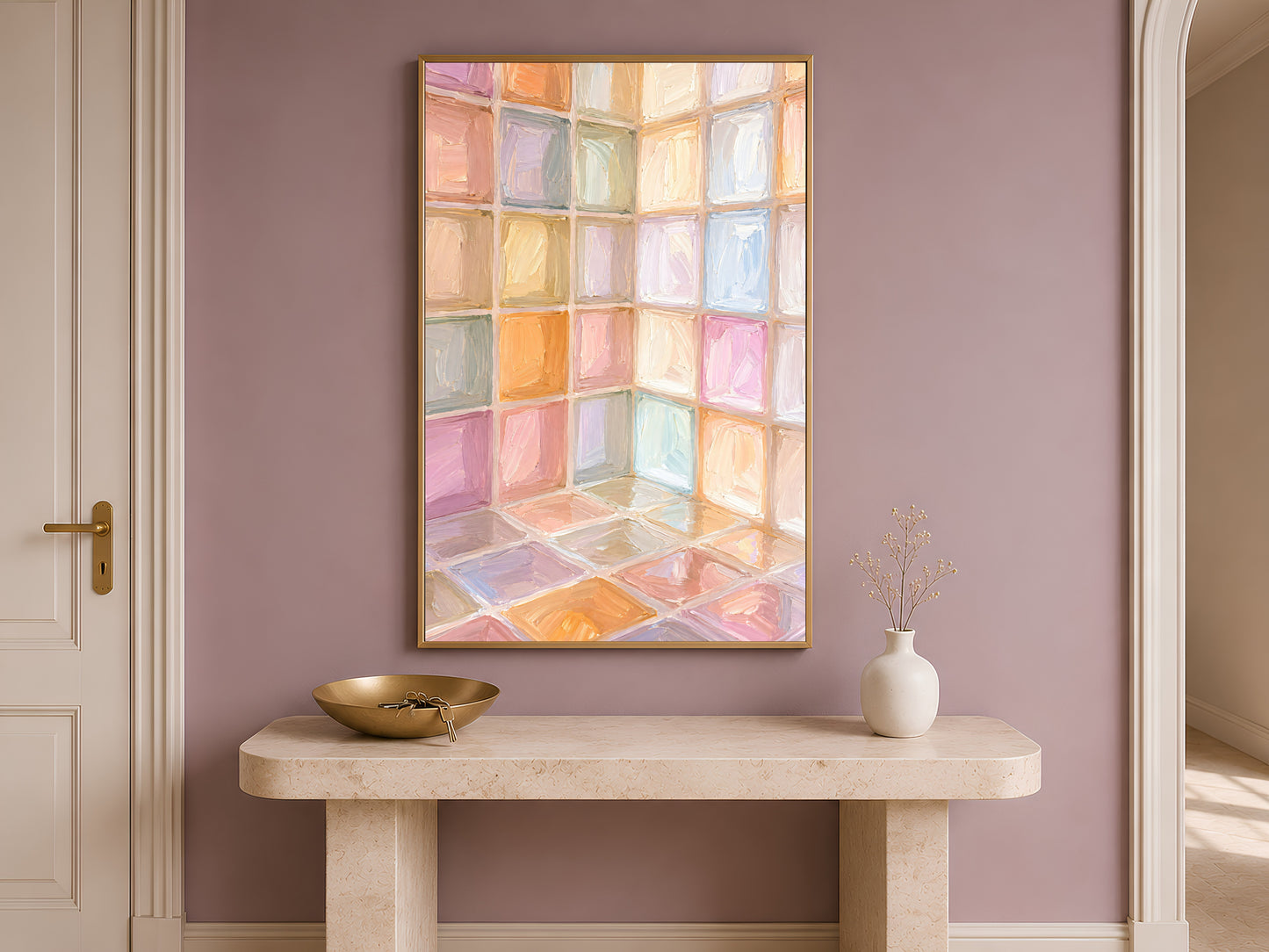 Rainbow pastel mosaic tile wall art in gold frame on travertine console table in hallway with mauve accent wall
