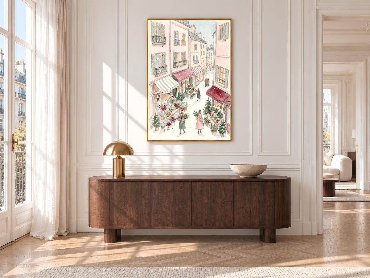 Christmas Flower Market Print, Snowy Paris Street Watercolor, Pastel Pink Holiday Art, Digital Download
