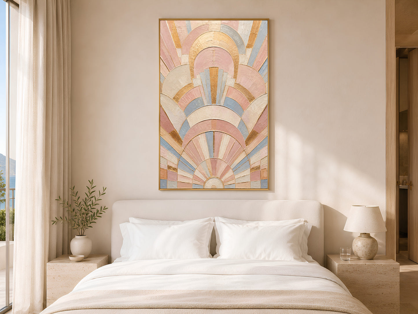Pastel art deco wall art in gold frame above white bed in calm neutral bedroom with soft lighting
