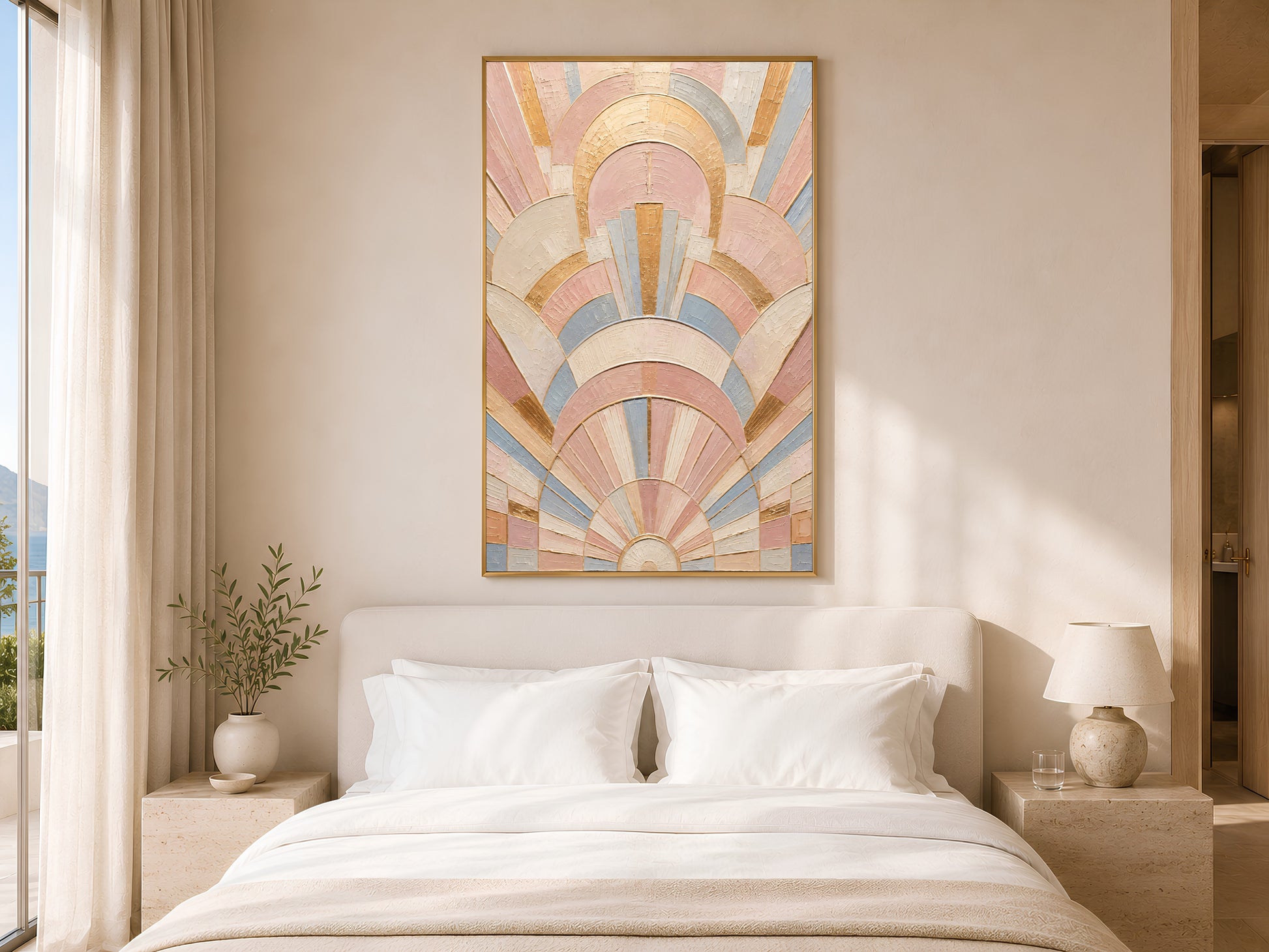 Pastel art deco wall art in gold frame above white bed in calm neutral bedroom with soft lighting
