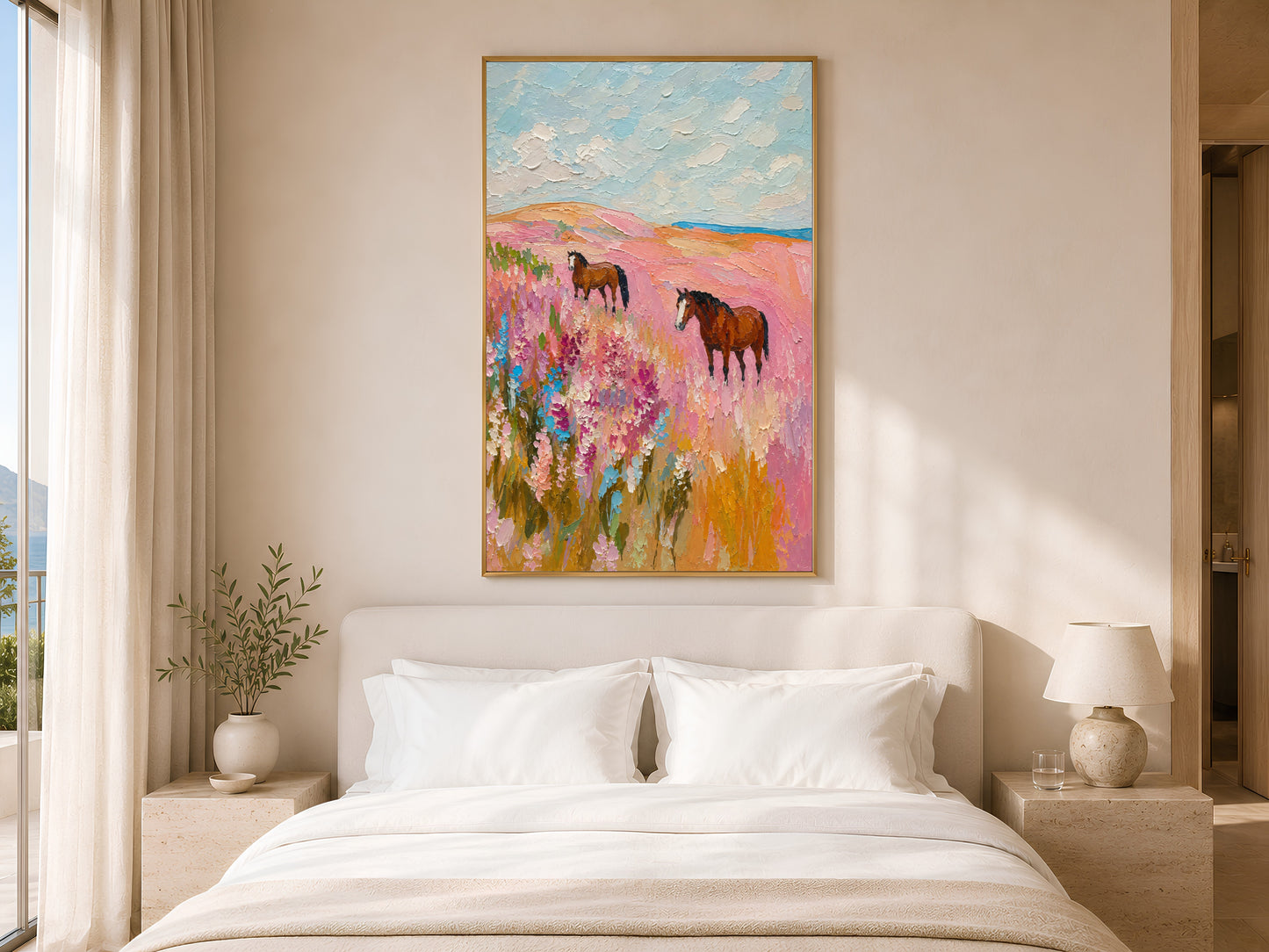 Pink wildflower horse painting framed above a white bed in a neutral bedroom

