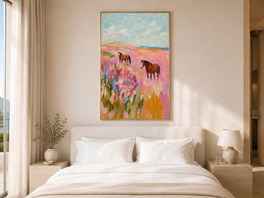 Pink wildflower horse painting framed above a white bed in a neutral bedroom
