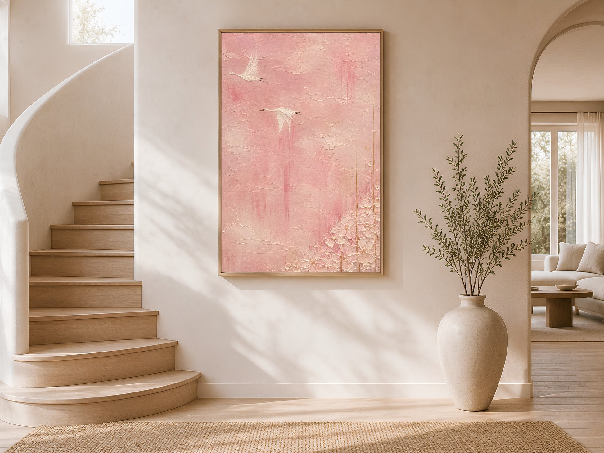 Chinoiserie crane wall art print in entryway with curved staircase, pink impasto bird painting digital download

