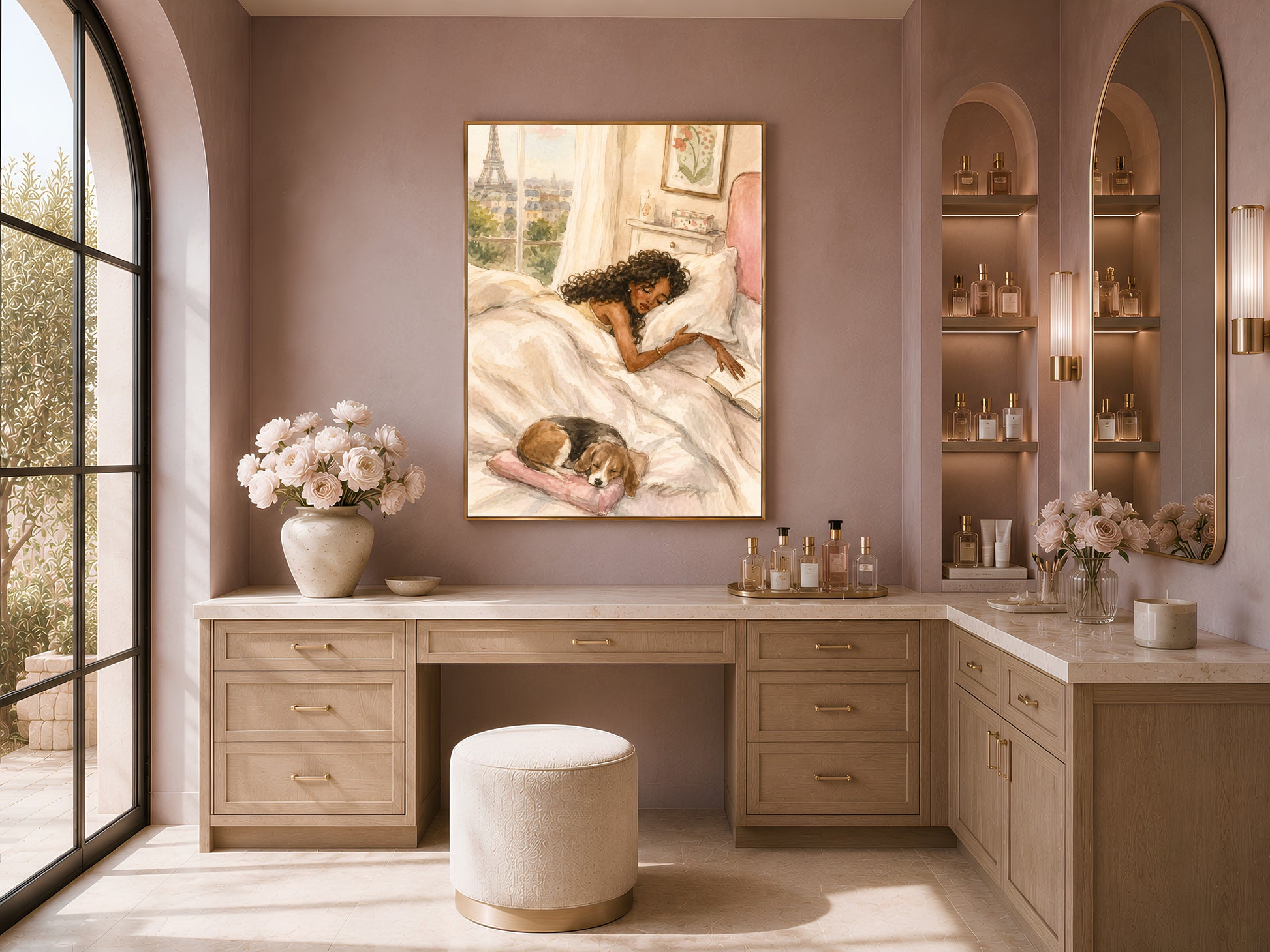 Framed romantic Paris reading print above a bedroom vanity and upholstered stool