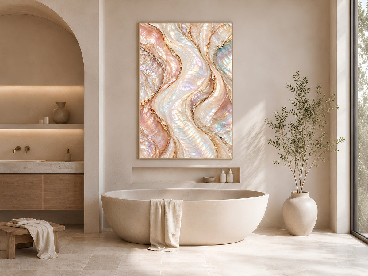 Opal Abstract Wall Art, Blush Pearl Wave Print, Rose Gold Marble Swirl, Pink Bedroom Decor, Feminine Opalescent Poster, Instant Download