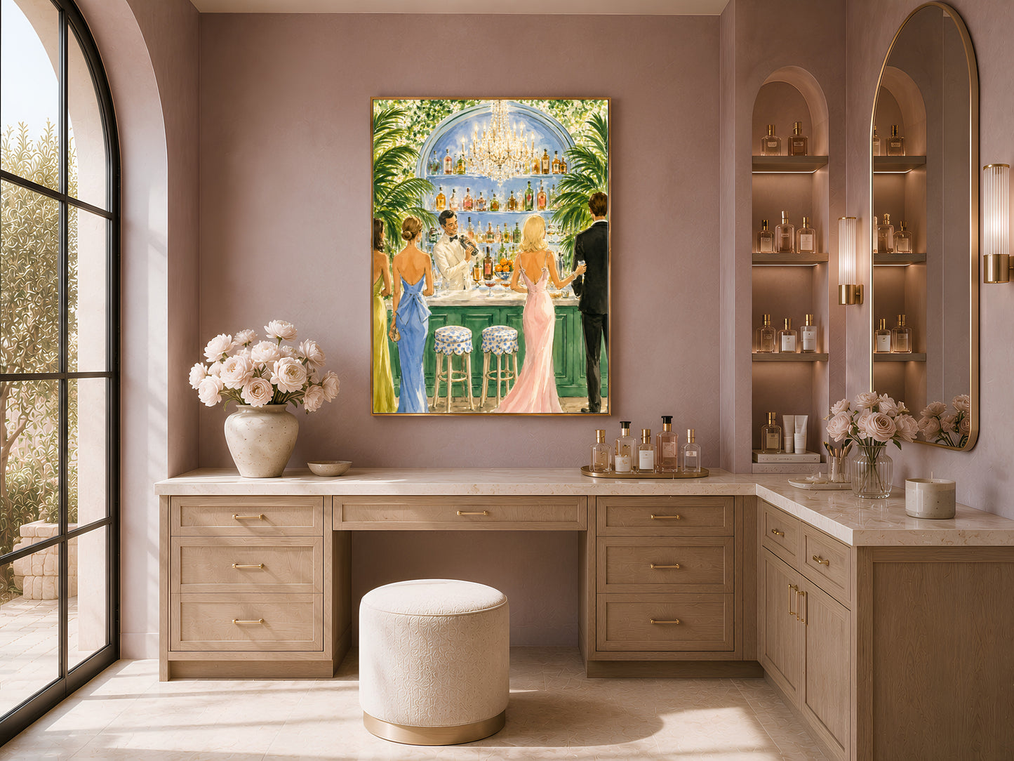 Cocktail party wall art print in a gold frame above a wood vanity nook with a cushioned stool.
