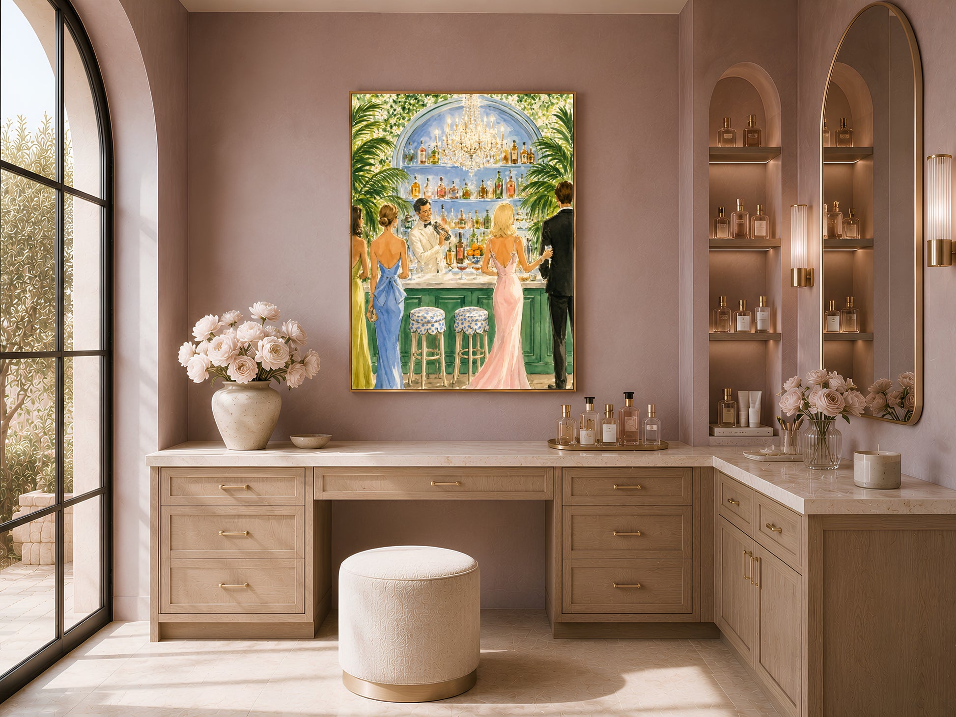 Cocktail party wall art print in a gold frame above a wood vanity nook with a cushioned stool.
