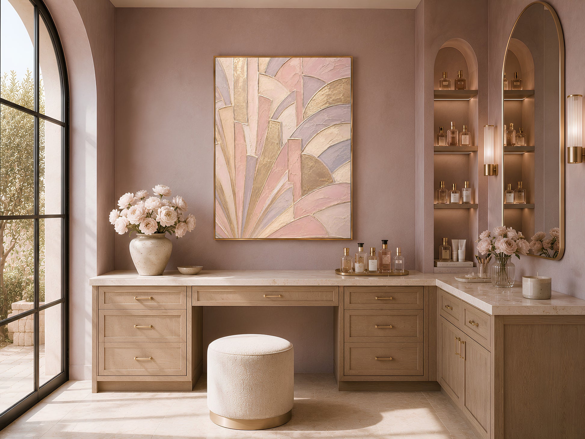 Art deco sunburst wall art framed above bedroom vanity, blush pink and gold textured decor
