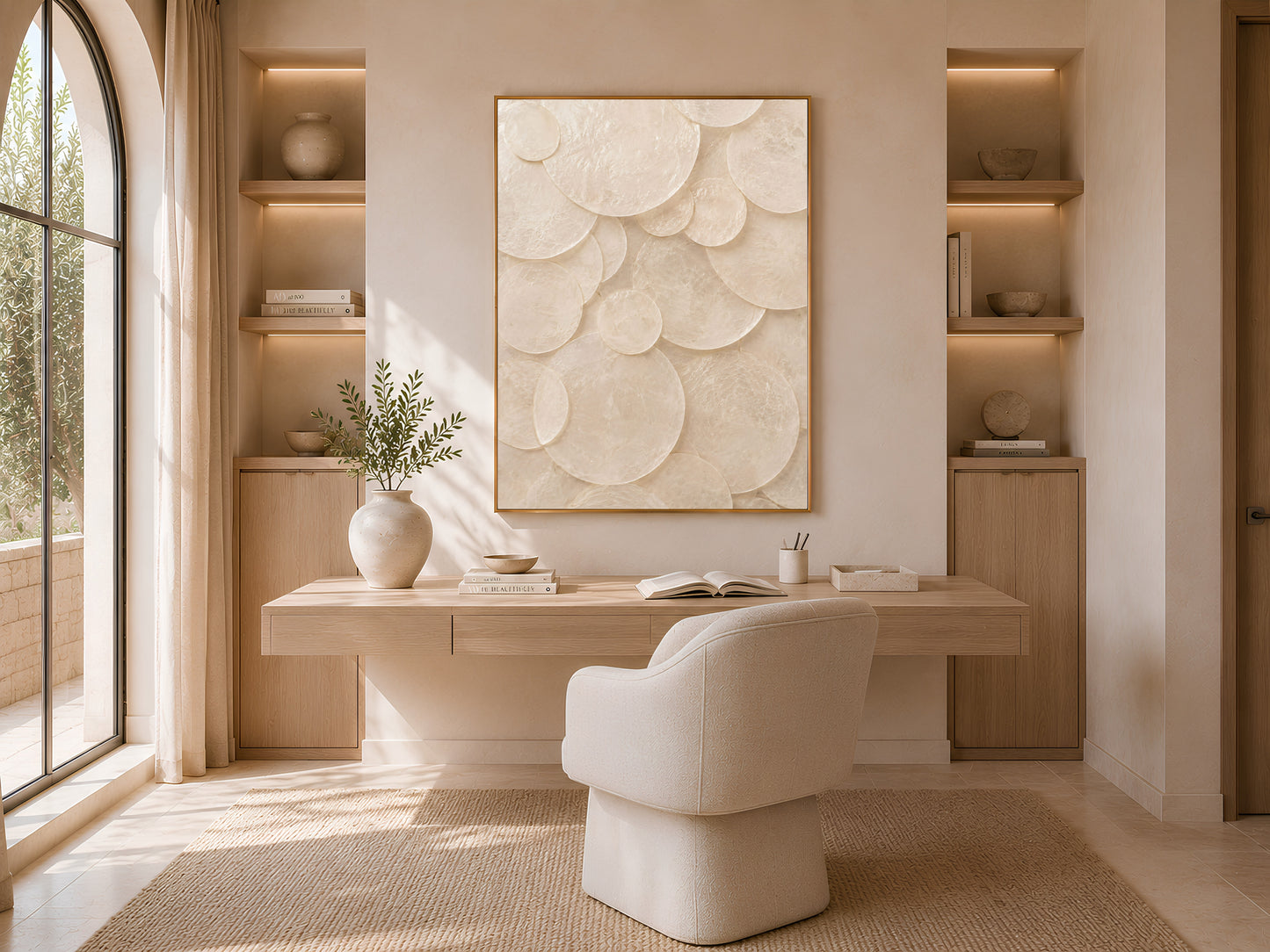 Framed capiz shell wall art displayed in a bright walk-in closet with a cream ottoman