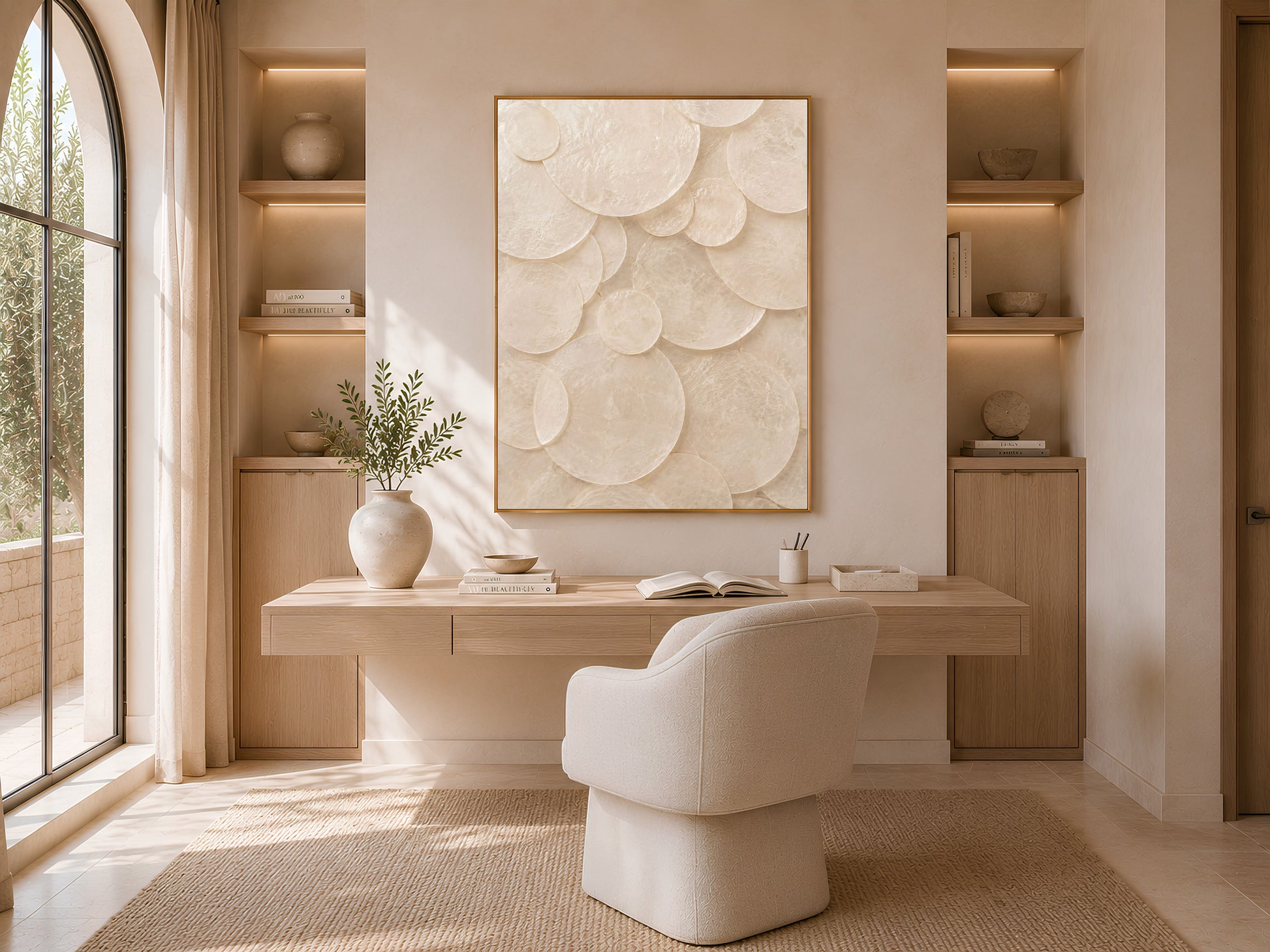 Framed capiz shell wall art displayed in a bright walk-in closet with a cream ottoman