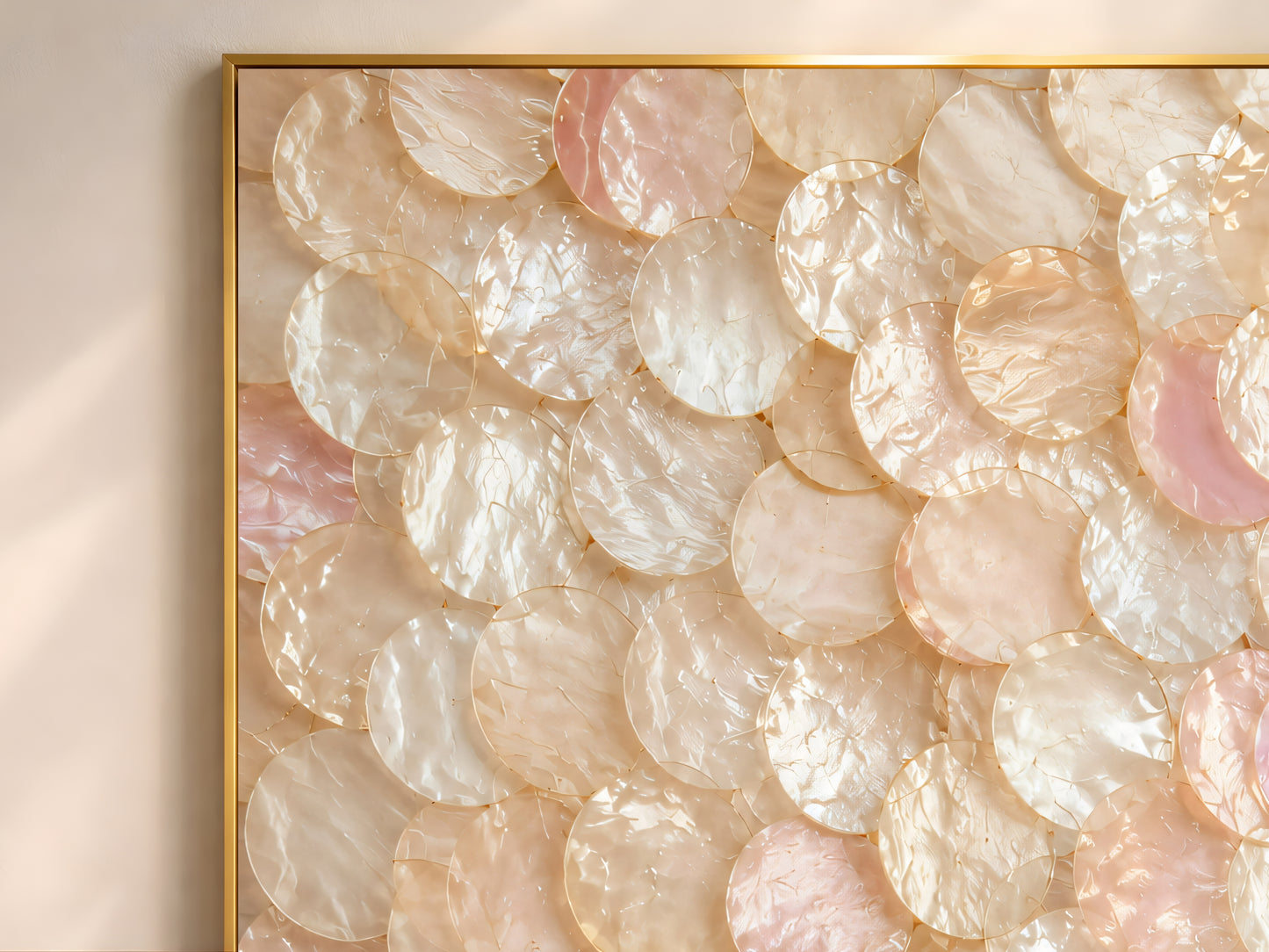 Close-up detail of blush capiz shell wall art showing luminous overlapping shell discs with soft iridescent texture and subtle pink accents.