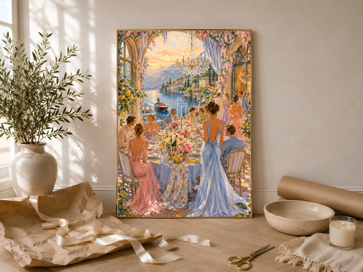 Lake Como Wall Art, Italian Villa Dinner Party Print - Digital Download