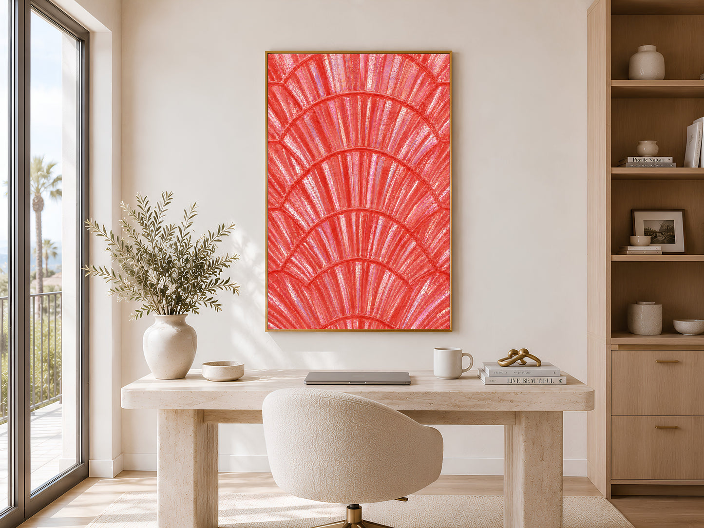
Iridescent coral shell wall art in gold frame displayed in a calm neutral home office with round desk and open shelving