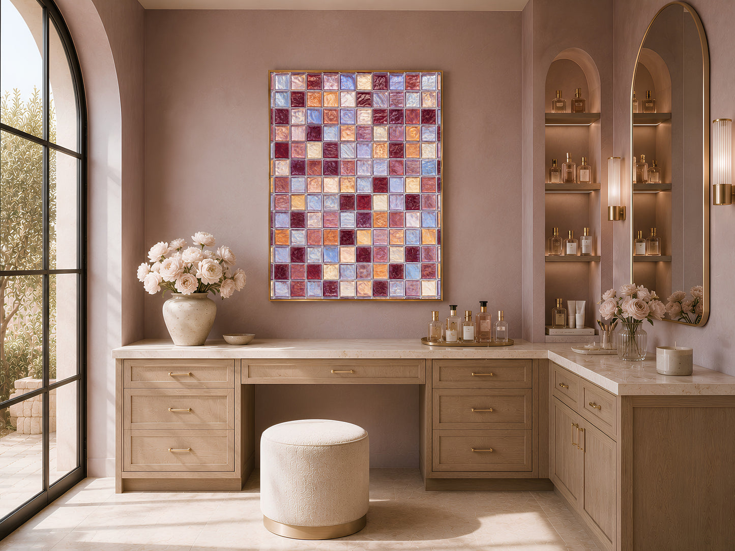Mosaic tile wall art above a wood vanity with a stool, styled in a warm neutral dressing room.

