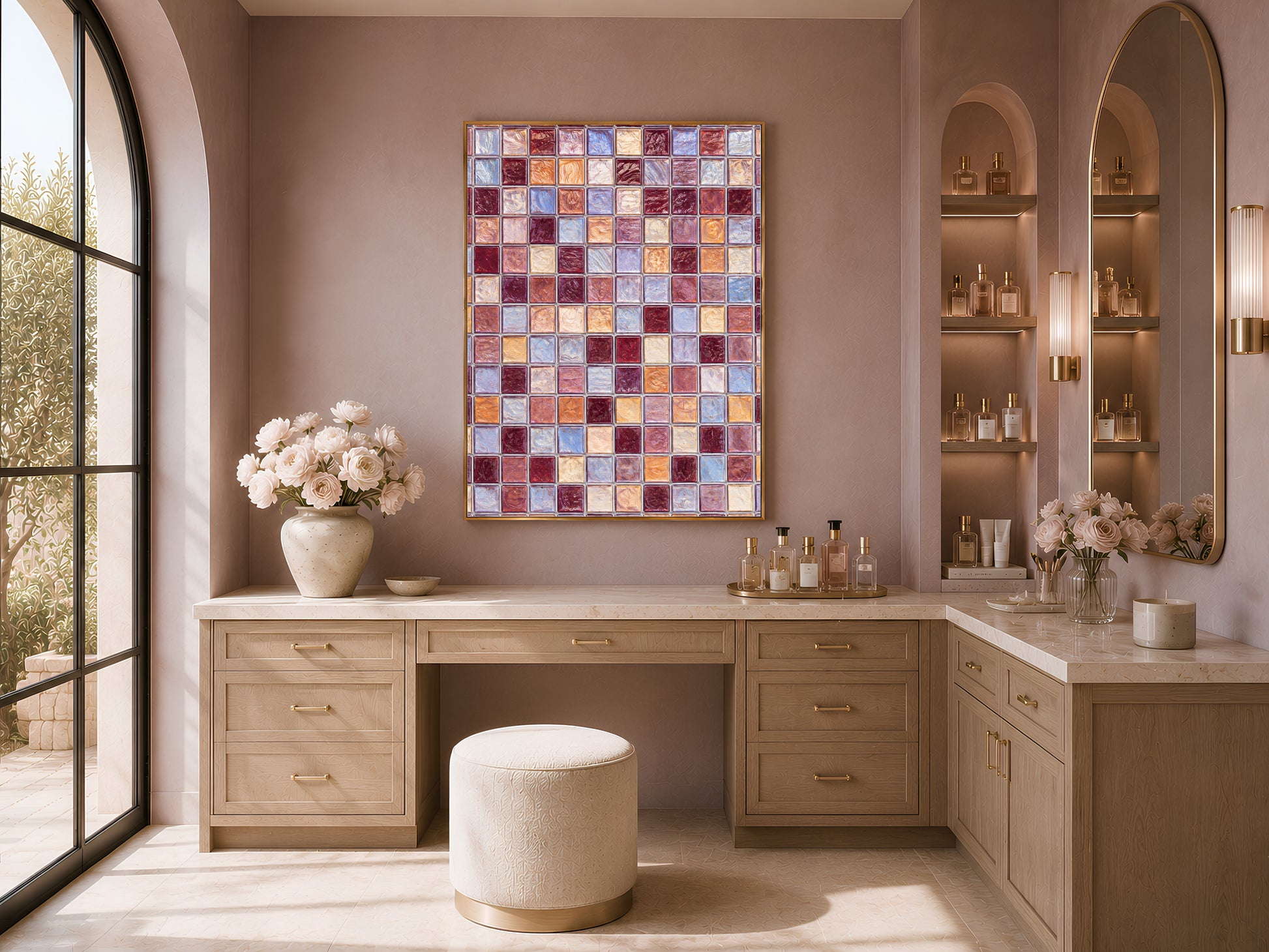 Mosaic tile wall art above a wood vanity with a stool, styled in a warm neutral dressing room.

