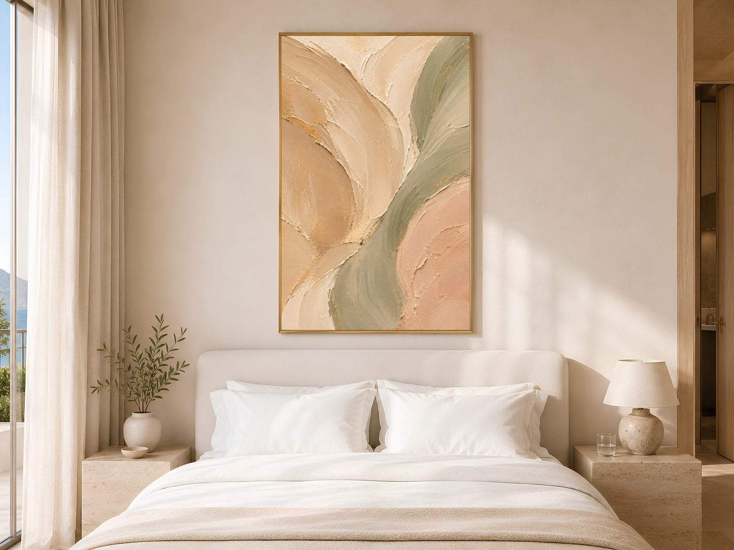 Sage green beige neutral abstract print in gold frame above white bed in calm neutral bedroom with soft lighting
