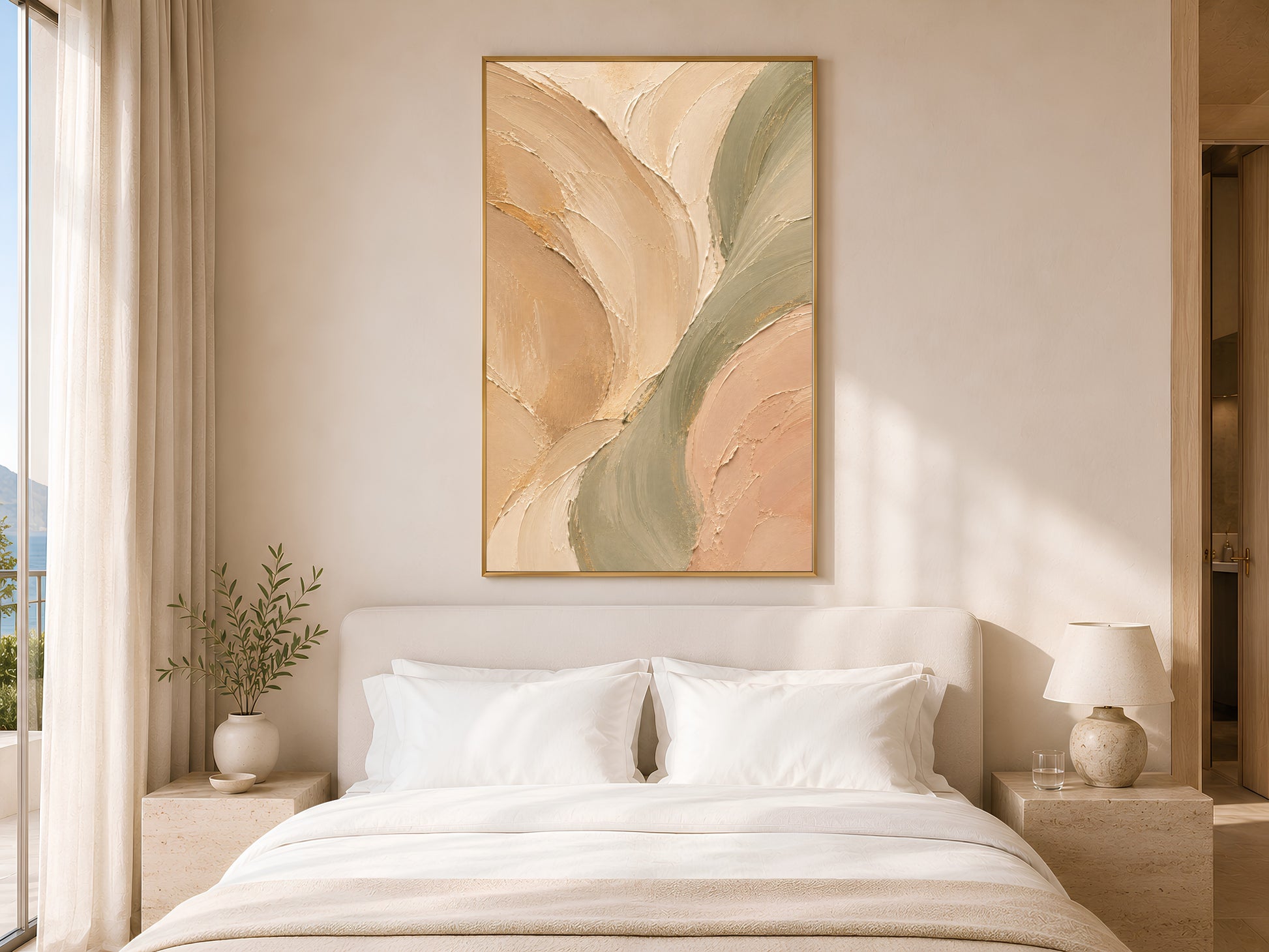 Sage green beige neutral abstract print in gold frame above white bed in calm neutral bedroom with soft lighting

