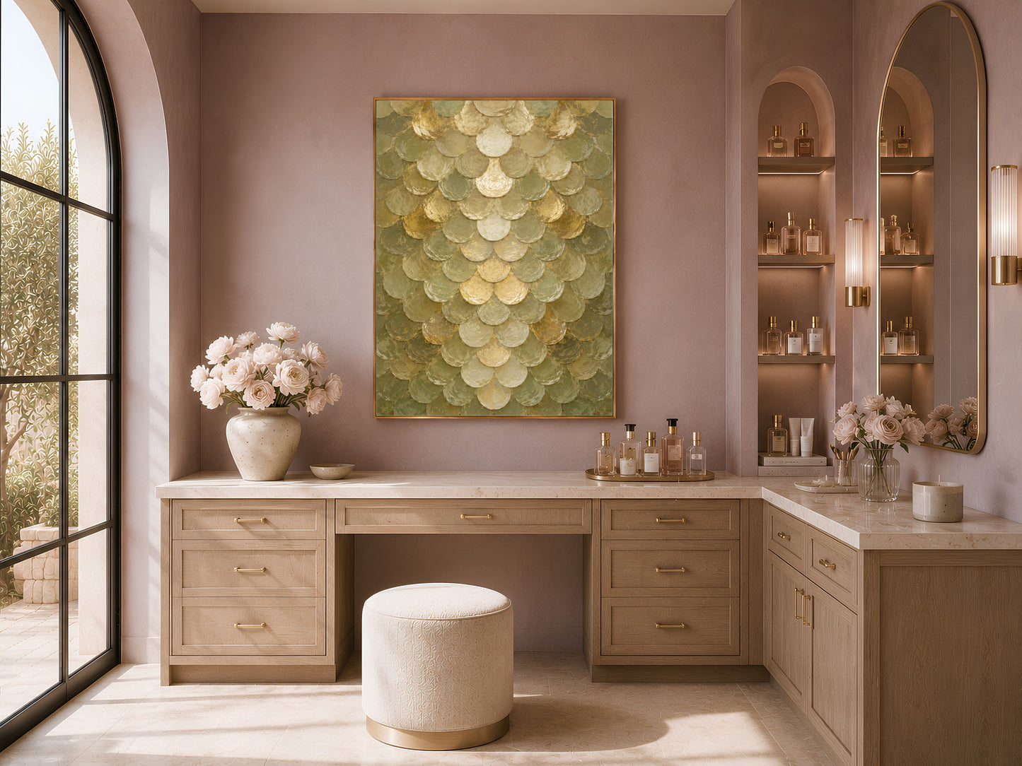 Sage green capiz shell print above spa bathroom vanity with fresh flowers